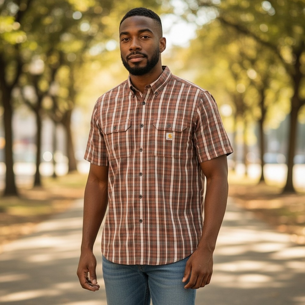 Carhartt Loose Fit - Men's Large Tall Midweight Short Sleeved Plaid Shirt Button